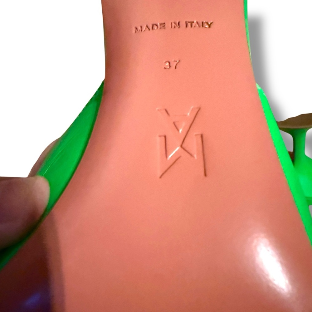 Amina Muaddi‎ Lupita Bright Green Slipper Mule Heels Sz 37 EU 7 US Made in Italy - Picture 10 of 11